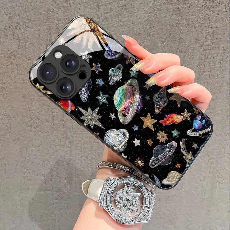 Capa de Celular de Vidro Temperado com Padrão de Sol, Totem, Estrelas, Lua e Planeta para iPhone 17 Pro Max 16 15 14 13 12 11 16E 7 8 Plus XR XS X