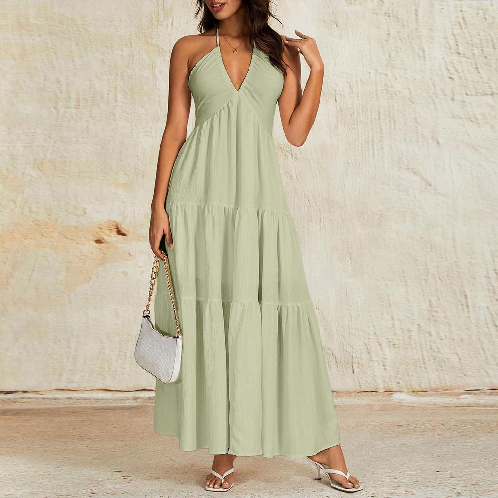 Women V Neck Casual Loose Fit Backless Maxi Dress Sleeveless Tiered Long Dress for Vacation Beach Holiday Party