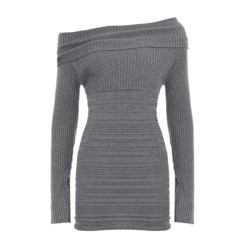 

and American Women s Clothing Young Adult Lady like Woman Asymmetrical Oblique Shoulder Sunken Stripe Knitting Dress Waist-Tight Slimming Hip Skirt Grey L
