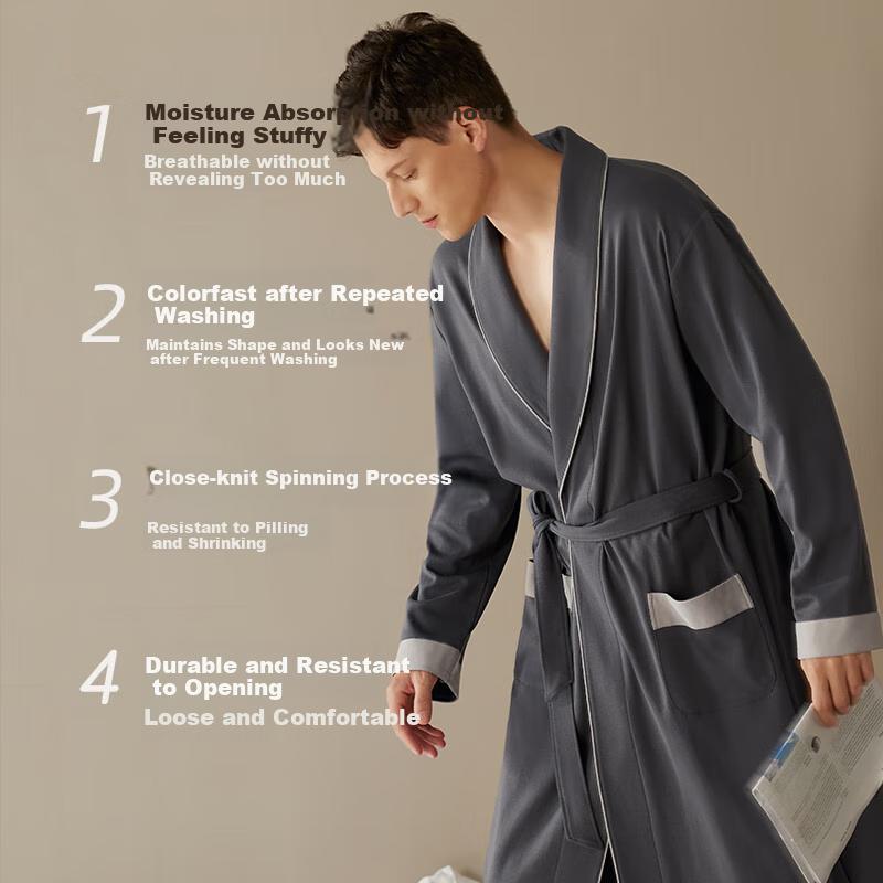 XULEN Men's Sleepwear, Spring And Autumn Pure Cotton Long-Sleeve Pajamas, All-Cotton Bathrobe, Long-Style Loungewear, 73397 Dark Gray, Size L