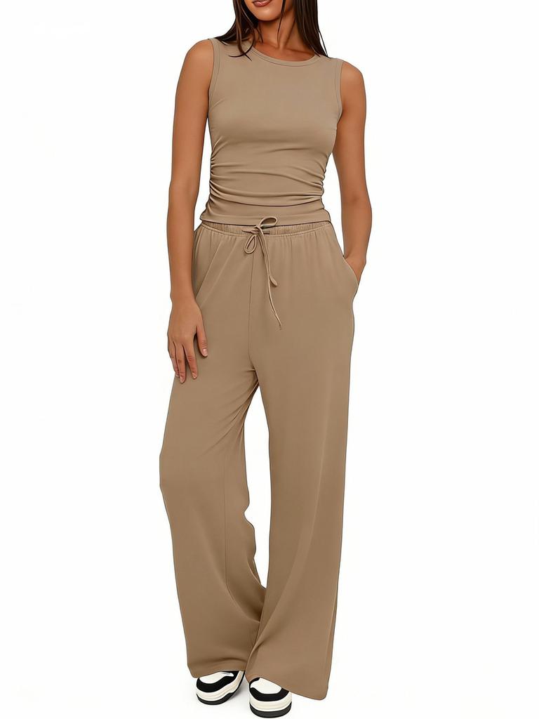 New Sleeveless Round Neck Ruffled Back Vest High Waist Fashion Wide Leg Pants