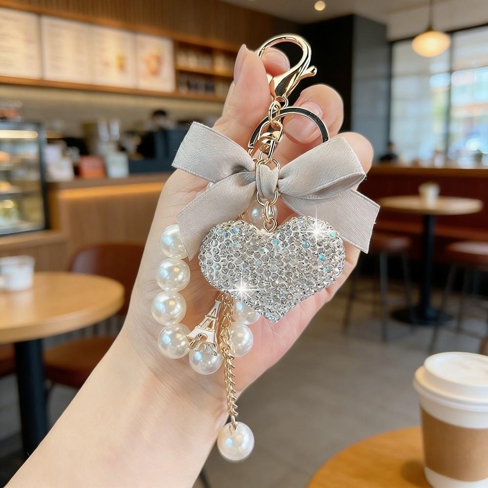 Crystal Rhinestone Heart Keychain Bow & Pearl Tassel Phone Lanyard Car Key Ring  Handbag Accessory