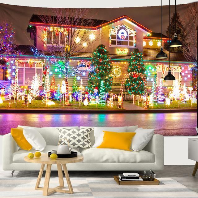 Snow Christmas Tree Fireplace Santa Claus Print Tapestry Wall Hanging Background Cloth Decor Christmas Home Room Wall Decoration