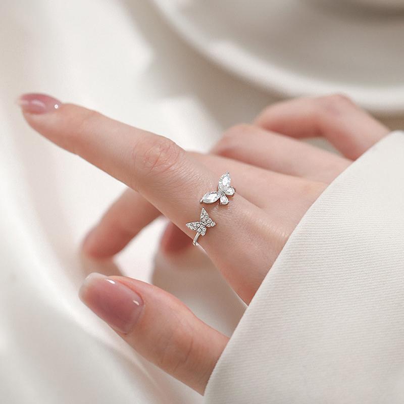 New Fashion 925 Silver Fine Double Butterfly Zircon Adjustable Rings Women&Girl Jewelry Rhinestone wishbone Finger Ring