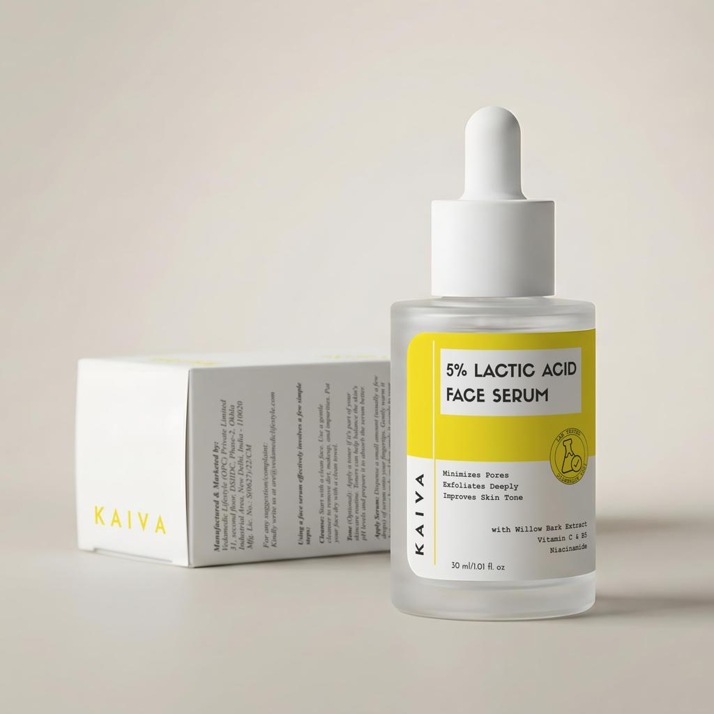 KAIVA 5% Lactic Acid, 10% Vitamin C Serum for Oily Skin with 5% Niacinamide & Hyaluronic Acid | Face Serum for Glowing Skin & Exfoliation | Skin Br