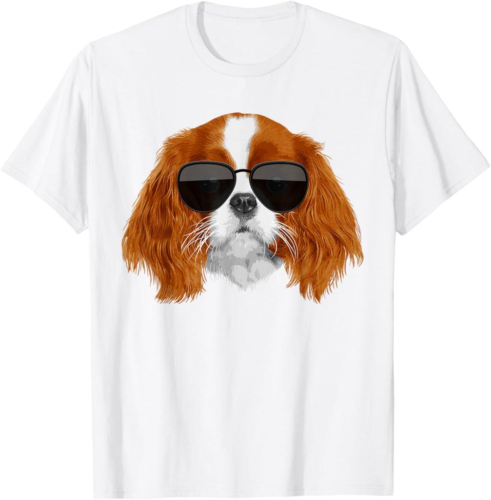 Cool Cavalier King Charles Sunglasses Dog Lover Graphic T-Shirt Soft Cotton Round Neck Tee