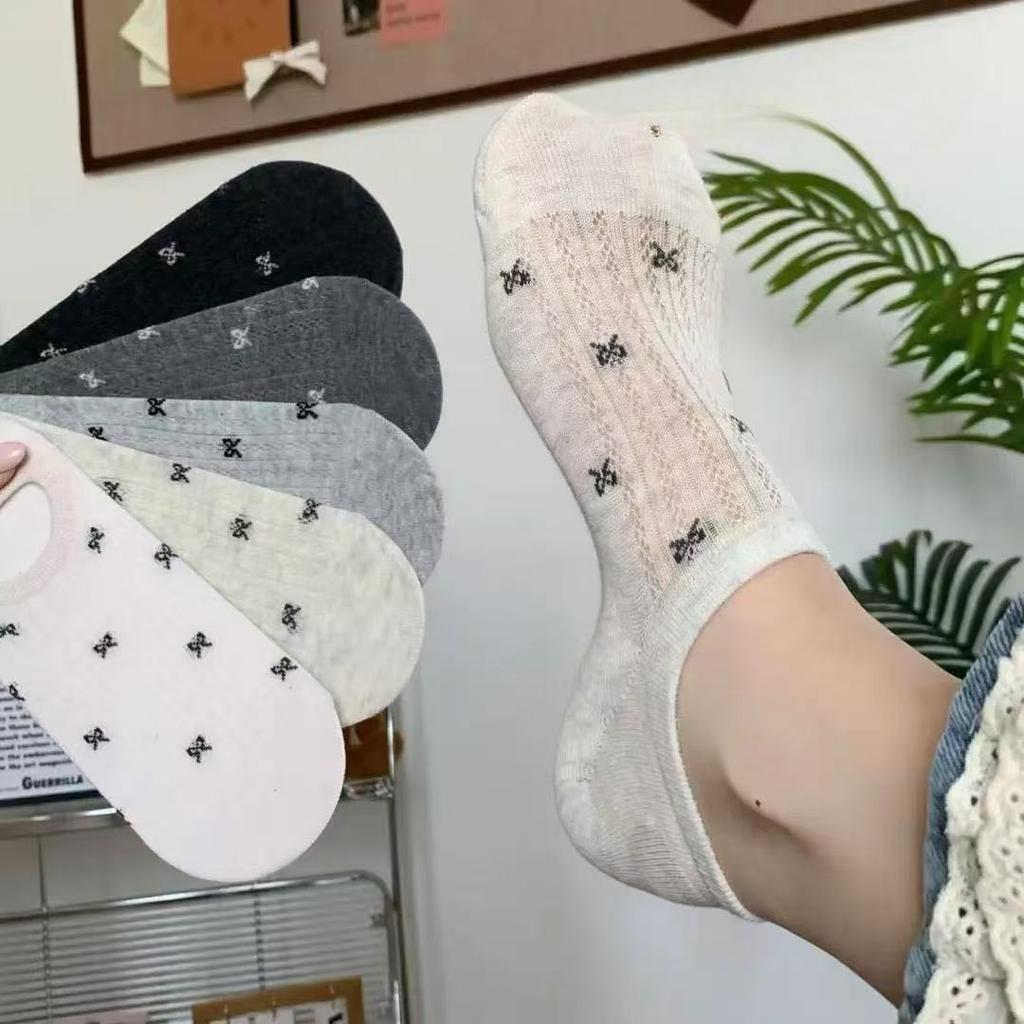 1/5pairs Spring And Summer Women's Socks Cartoon Bow Silicone Non-slip Breathable Invisible Pure Cotton Ankle Boots Soft Socks
