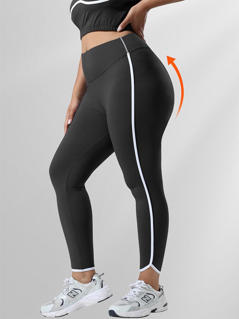 Tight-Fitting Sports Leggings with High Waist and Side White Stripes for Gym Outdoor Cycling Running and Yoga