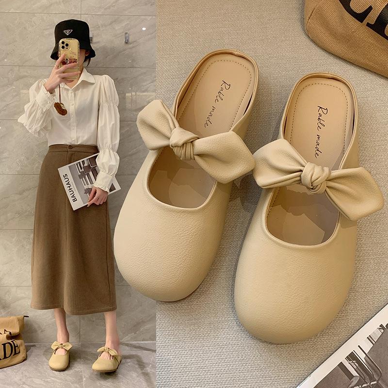 [Uncle Shoes] Half-drag Bow New Summer French Lazy Shoes Soft-soled Bag Head Slippers Women Wear a Pedal