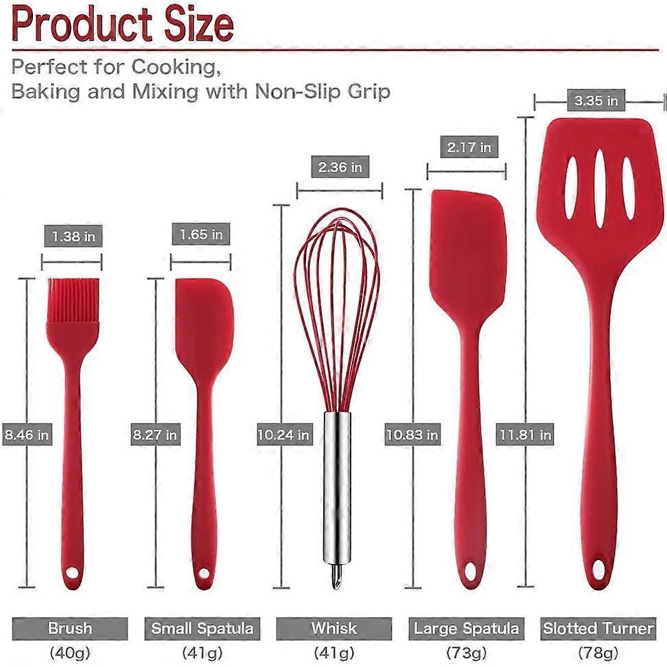 5 Piece Kitchen Gadget Set Pink Silicone Cooking Utensils Silicone Spatula Pastry Brush Whisk Slotted Turner - Nonstick and Heat Resistant