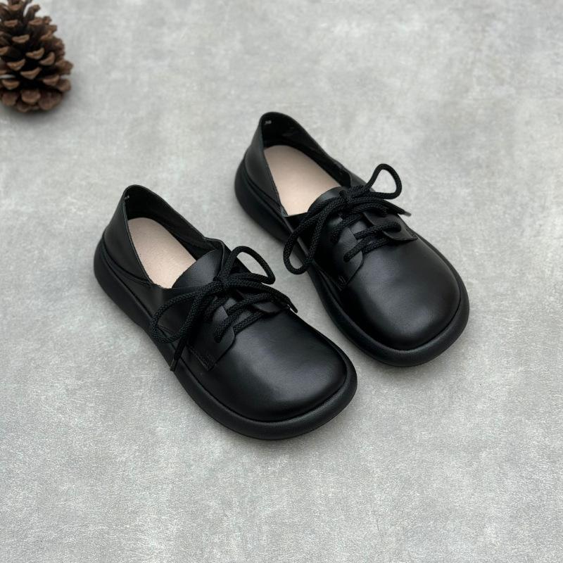 Johnature Genuine Leather Women's Shoes Retro Round Toe Soft Soled Lace Up Versatile Shoes