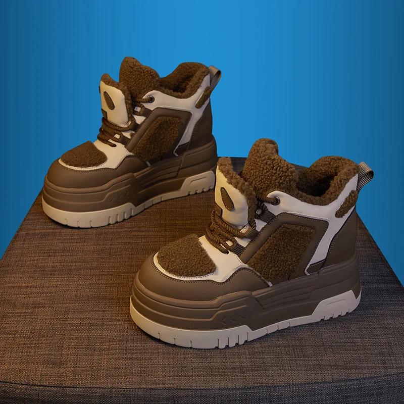 Fashion 8CM Down Leather High Top Women Shoes Warm Winter Chunky Sneakers Platform Boots Ankle Wedge Hidden Heel Autumn