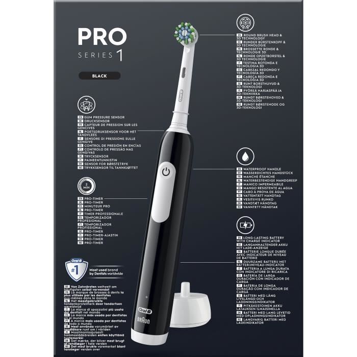Brosse à dent électrique - ORAL-B - Pro 1 - Noire - Capteur de pression 360 - Autonomie 7 jours