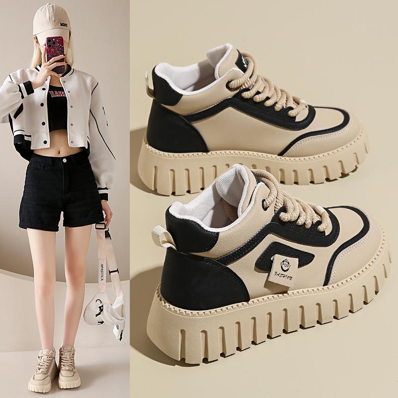Invisible inner height increase cm CM autumn and winter leather surface thick sole small high top velvet two cotton sneakers