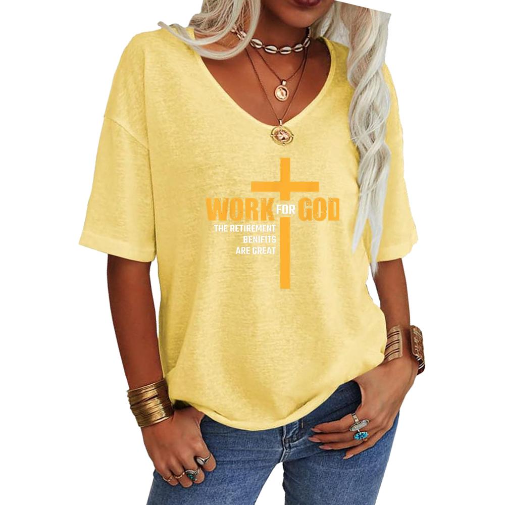 Women Fashion V Neck Tee Shirt Summer Casual Short Sleeve Top Loose Letter Print T-shirt