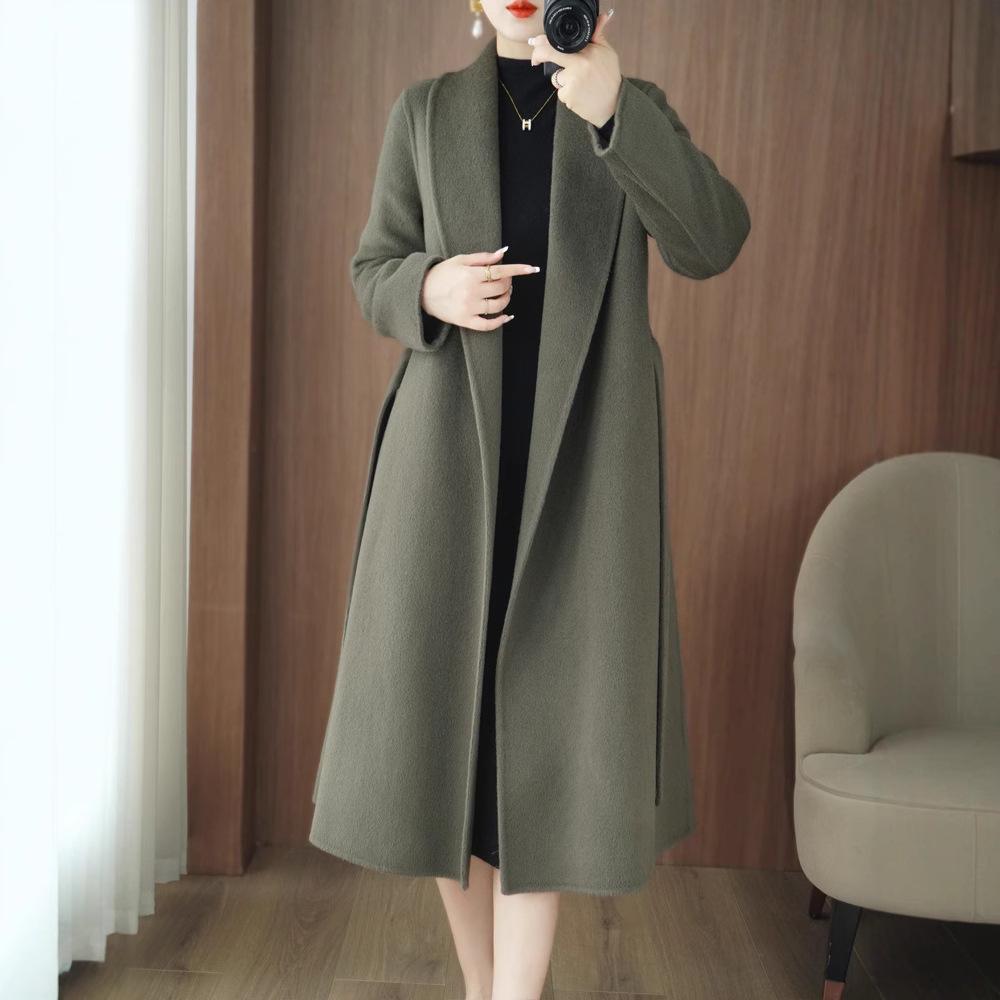 Temperament Women's Extra Long Double-Faced Wool Slim Fit Pea Coat - 100% Wool Autumn/Winter High-End Overcoat