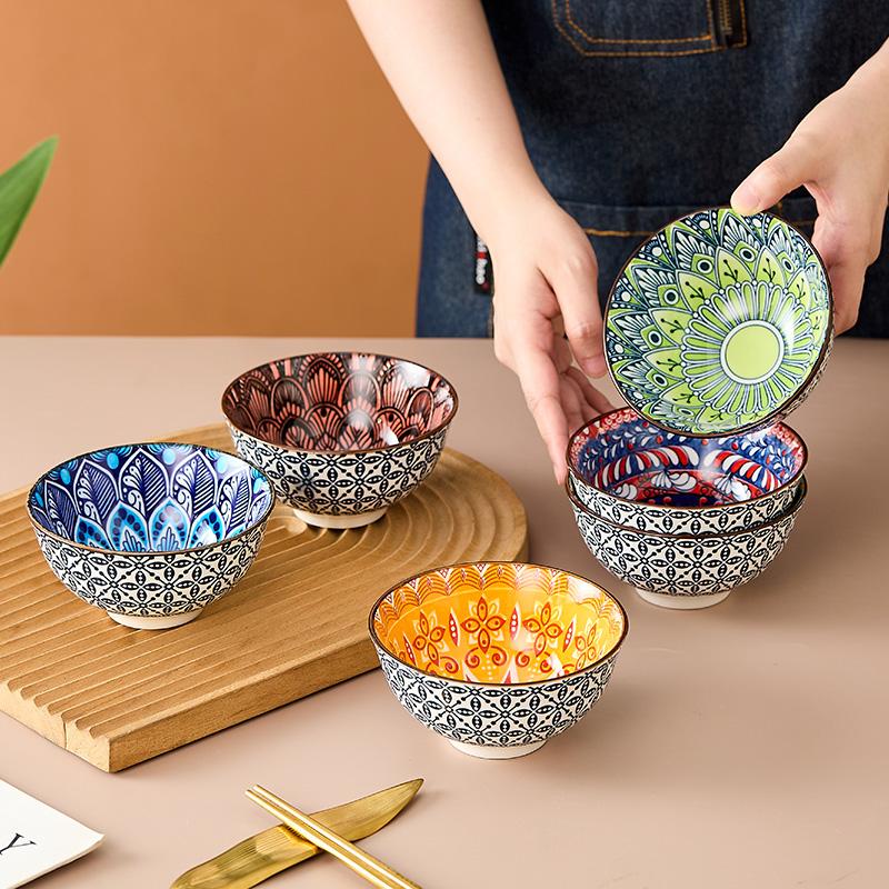 6-Piece Bohemian Mandala Ceramic Bowls - Dishwasher & Microwave Safe, Perfect for Cereal, Soup, Pasta, Salad, Ice Cream Bowls