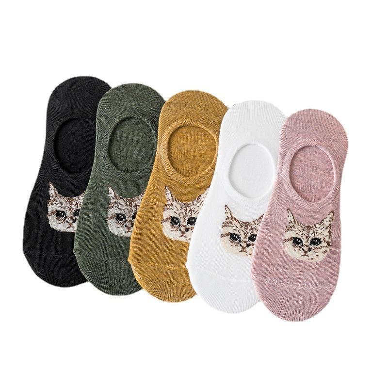 Female Spring and Summer Cotton Cute Cartoon Cat Head Anti Take Off Shallow Mouth Invisible Socks