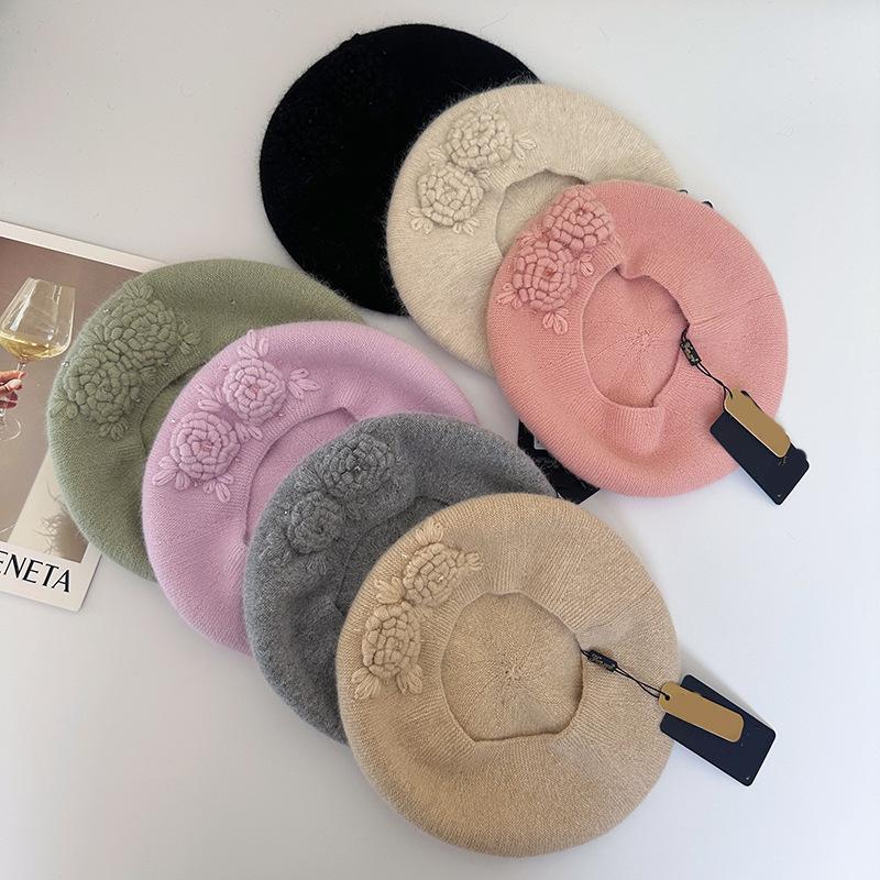 Autumn and Winter Hat Femininity Sweet Headhat Flower Rabbit Velvet Knitted Beret,Winter Hats for Women, Beanies for Women, Hats for Women Winter