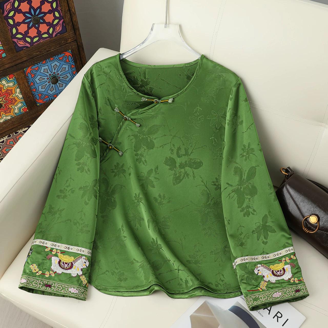 

2026 Early Spring Chinese Style Embroidered Plaid Top XXL (Recommended 110-120 jin) зелёный