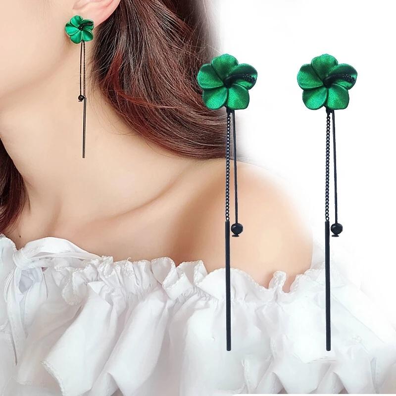 Retro Green Floral Tassel Earrings Temperament Long Pendant Ear Pendant Style Lady Ear Nail
