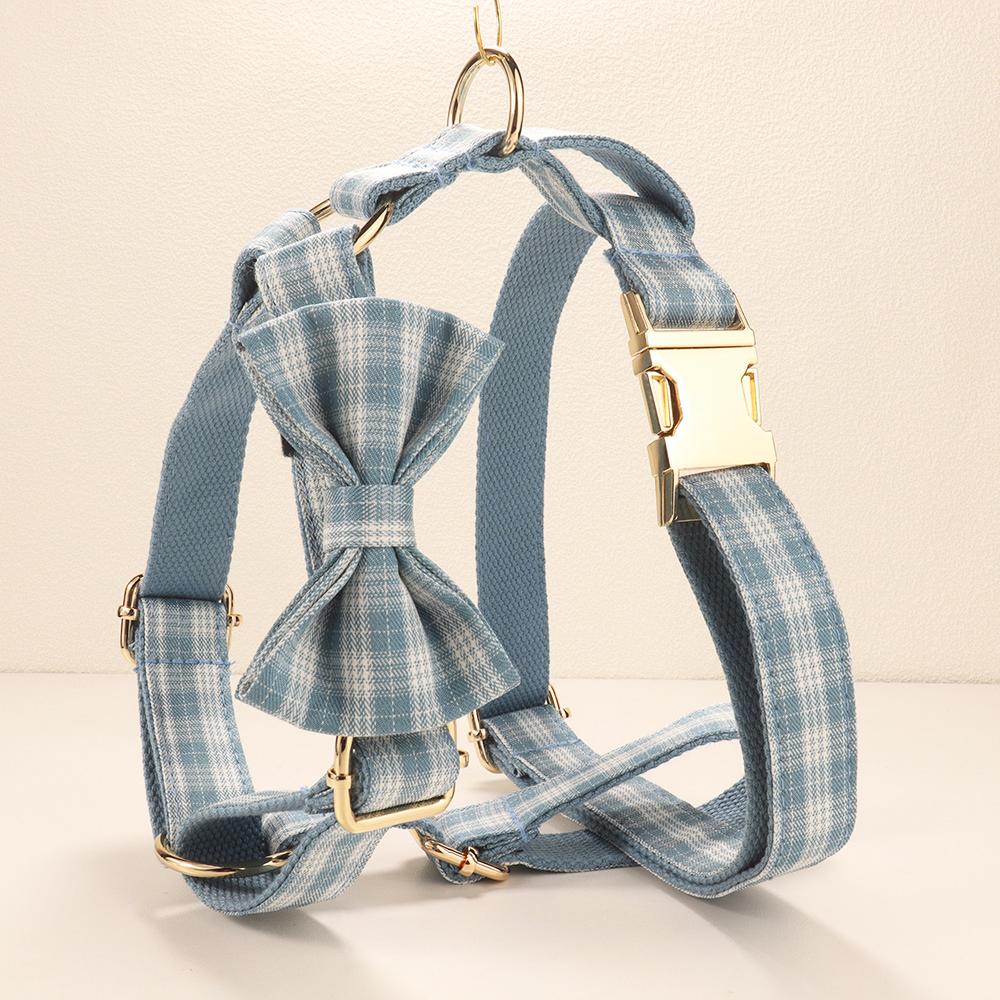 Plaid Pet Walking Harness Set with Bow Design, Adjustable Vest Collar Leash Kit for Small Dogs