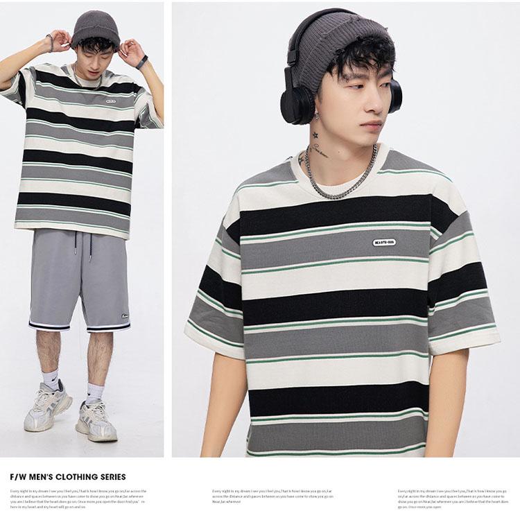 Main Striped Couples T-shirts for Men and Women Summer Loose Contrast Color Short Sleeve Shirt for Unisex