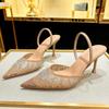Luxury  Shiny Rhinestone Mesh Heeled Sandals Women Summer Sexy Pointed Toe Slingbacks Thin High Heels Elegant Dress Shoe