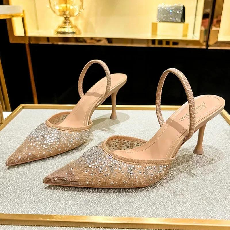Luxury  Shiny Rhinestone Mesh Heeled Sandals Women Summer Sexy Pointed Toe Slingbacks Thin High Heels Elegant Dress Shoe
