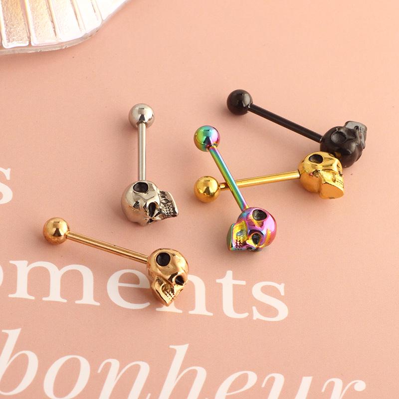 3D Ghost Head Tongue Ring, Stainless Steel, External Thread Barbell, 14g Piercing Jewelry, Available in 5 Colors.