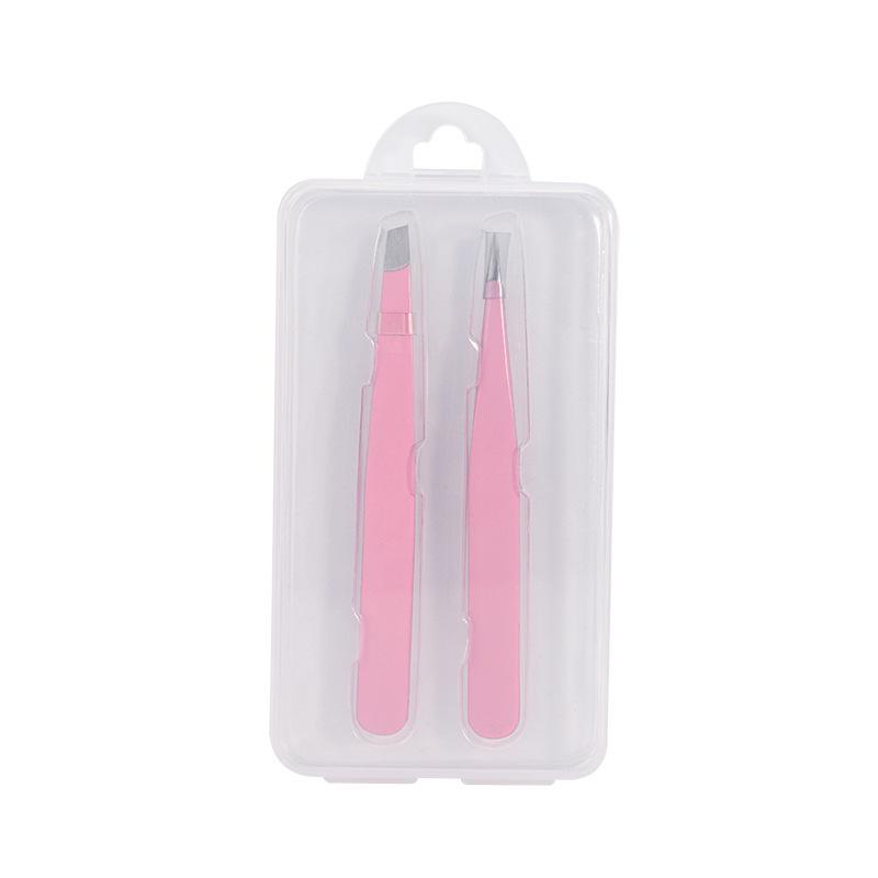 Pink Stainless Steel High Precision Slanted Eyebrow Tweezers with Pointed Hook in Plastic Box Set.