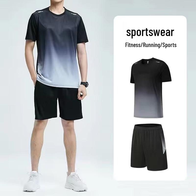 Men's Gradient Tie-Dye Short Sleeve Sport Set – Ice Silk Summer Running Fitness Shorts Two-Piece