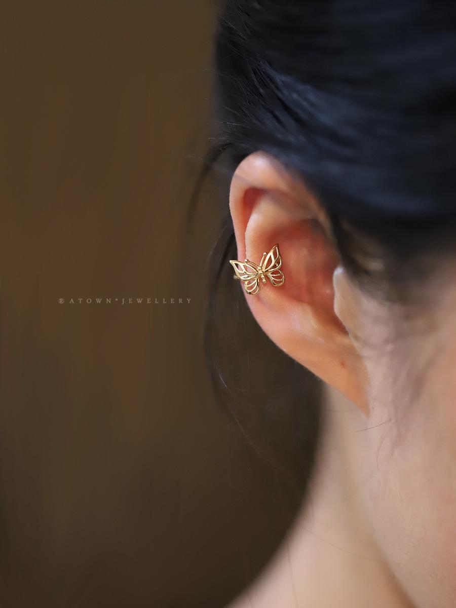Fairy Butterfly S925 Gold-Plated Sterling Silver Ear Cuff Earrings for Women (No Piercing, Korean Japanese Style) Gold Pair