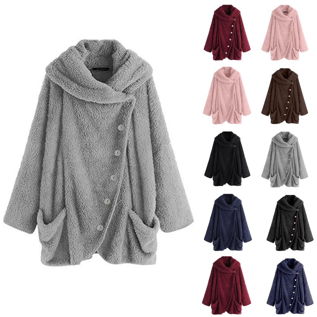 Women's Fashion Casual High Collar Plush Solid Color Long Sleeve With Pocket Button Jacket