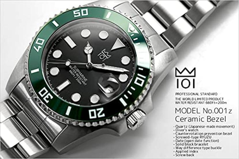 [HYAKUICHI 101] Diver's Watch, Water Resistant to 20 ATM, Ceramic Bezel, Calendar, Metal Band, Men's (Green Black)