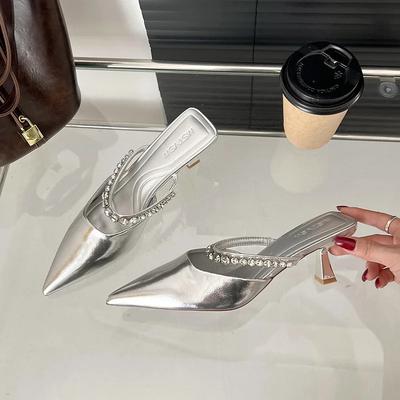 2025 Frühling Neu Damen Schwarz Satin Strass Glänzend Hohe Absätze Spitze Zehenpartie Hinten Offen Mode Pantoletten Sandalias Mujer