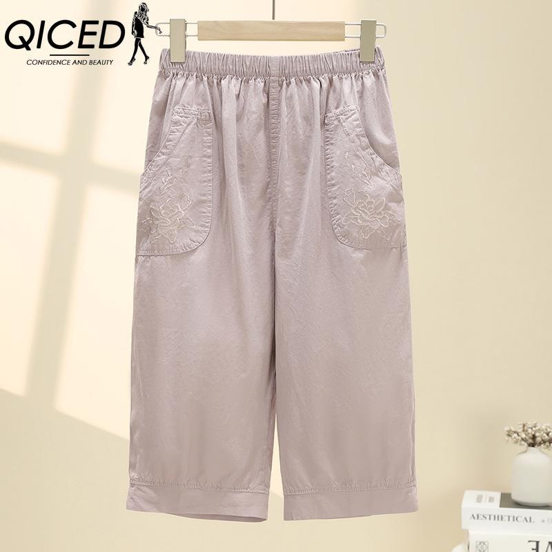 QICED Summer Women Elastic Waist Straight Trousers Middle Age Older Women High Waist Straight Pants Washed Cotton Cropped Plus Size Pants