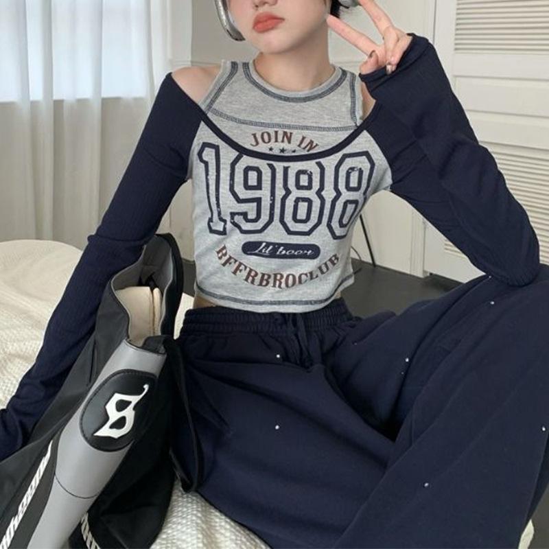 Frühlings- und Herbst-Damenbluse mit Rundhalsausschnitt, Buchstabenaufdruck, schulterfrei, lange Ärmel