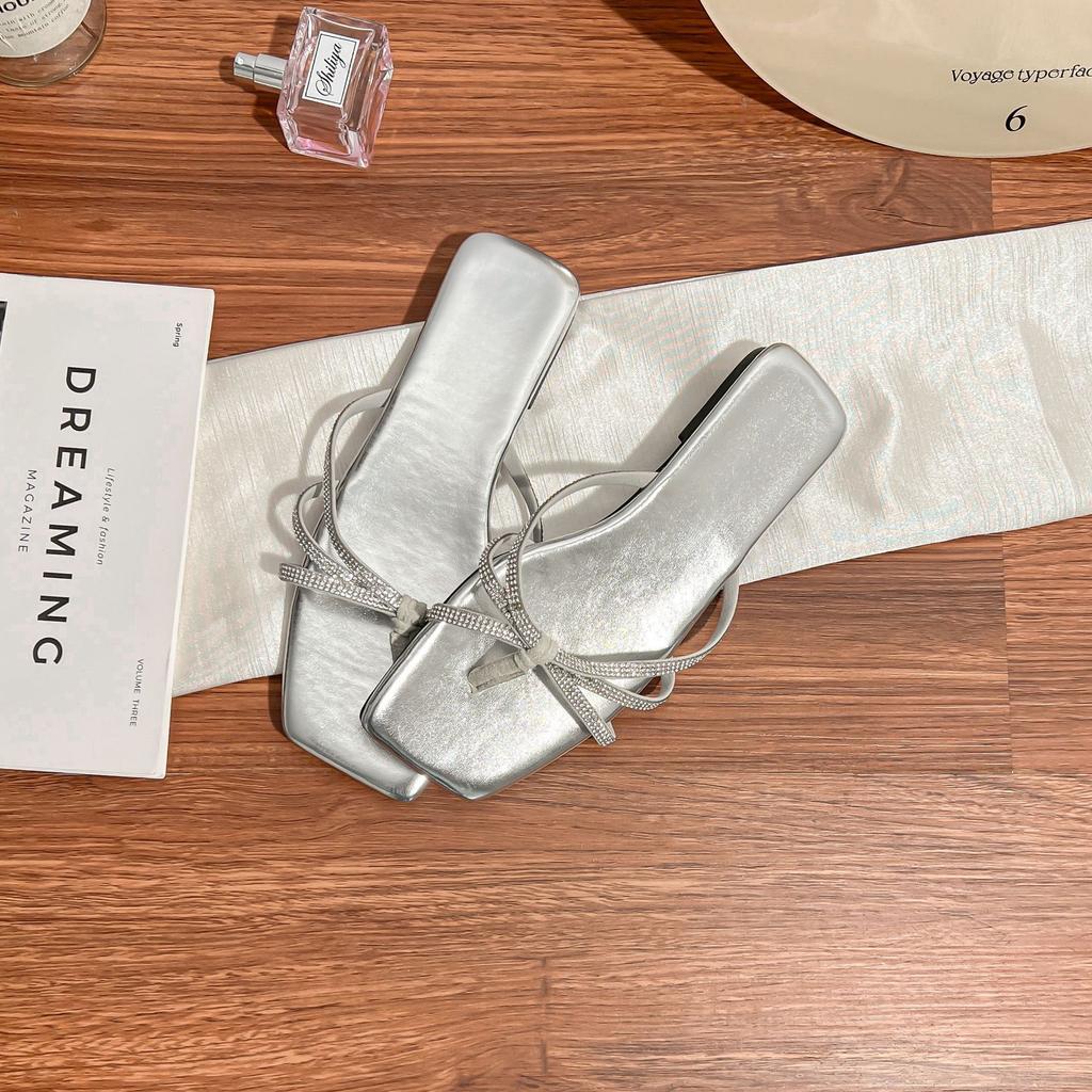 Yuanlitong summer new flat sandals women's rhinestone sparkling thin strap open-toed square head slippers sexy outer sandals