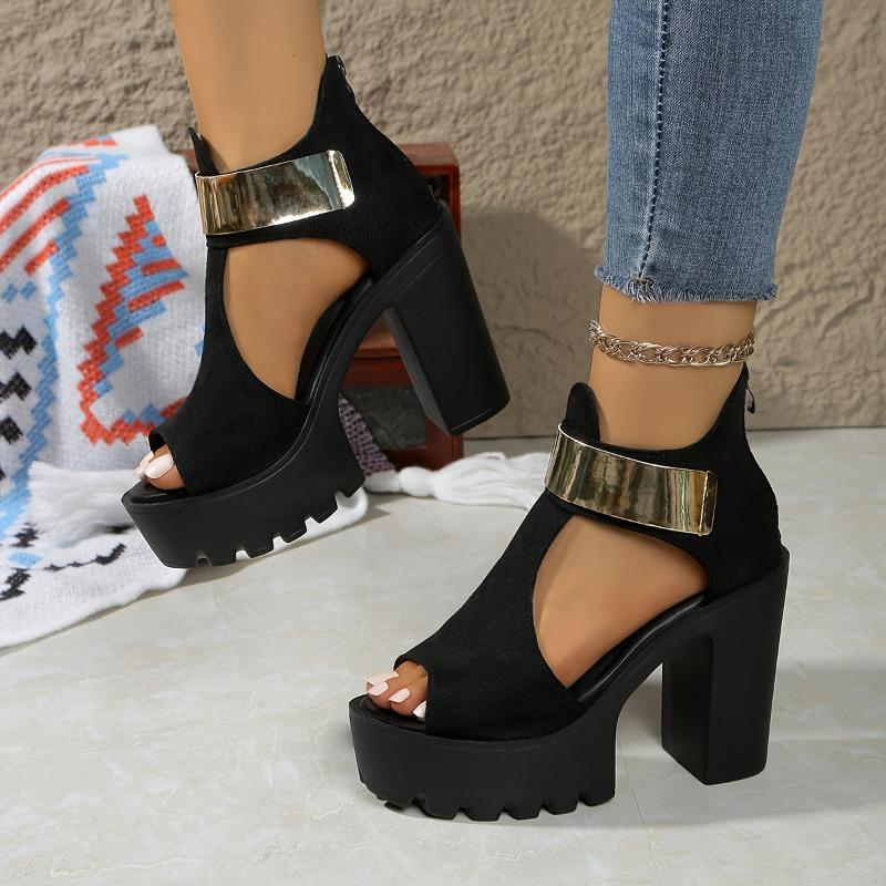 Plus Size Women'S Fashion Platform High Heel Sandals - Elegant Black Thick Sole Slip-On Dress Shoes with Golden Buckle Straps, Comfortable