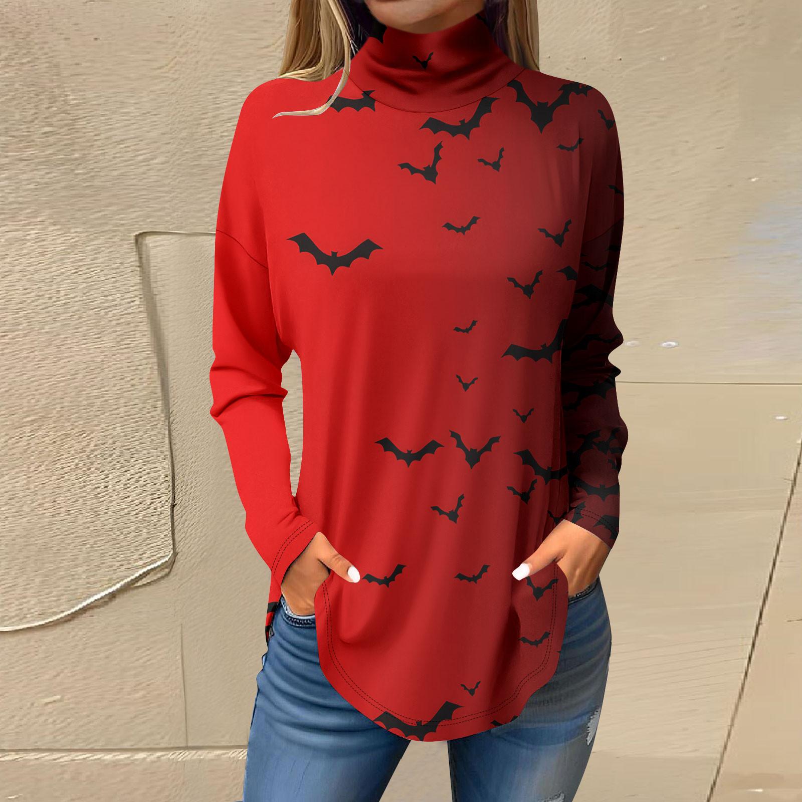 

Жіночі футболки для осені Повсякденні сорочки з довгими рукавами Світшоти Хеллоуїн Пуловер з високим горлом і принтом L винний