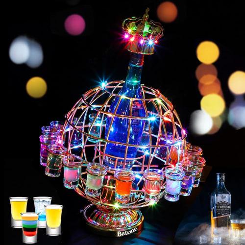Batone Tequila Globe, Otočný LED stojan na vystavení lahví alkoholu s 12 skleničkami, LED Tequila Globe, Sklenka na panáky, Stojan na koktejlové sklenice, Stojan na alkohol, Alkohol