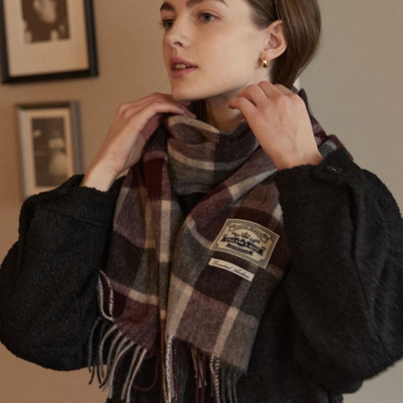 NONLOCAL Daily check wool muffler - Burgundy Check