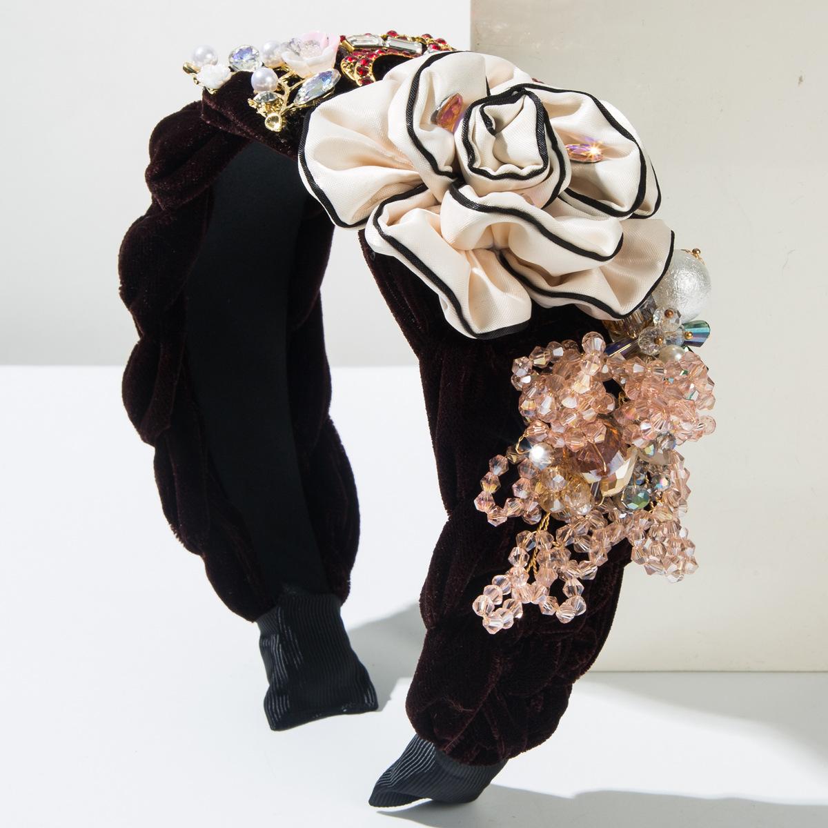 

Бархатные плетеные повязки на голову Цветок Листья Бусины Бусины Бриллиантовая отделка Аксессуары для волос Женская вечеринка Повязка на голову Обруч для волос Головной убор