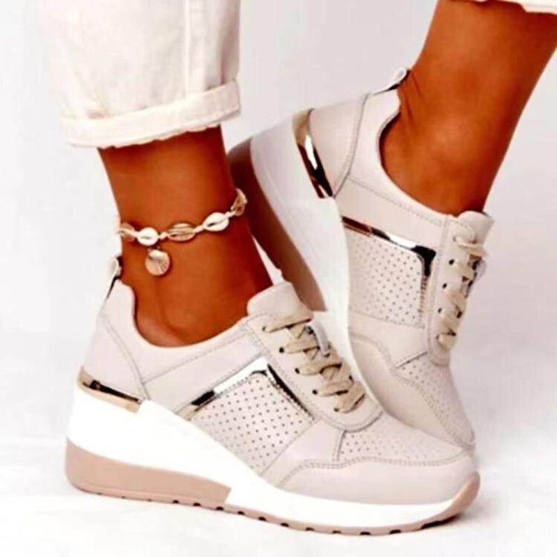 Breathable platform casual shoes women's spring and summer new round head large size lace-up wedge heel mesh sneakers