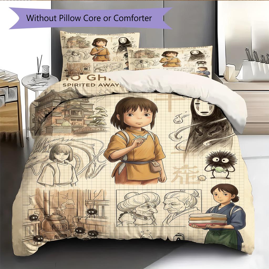 Retro Spirited Away Pattern Bedding Quilt Set Home Decoration Gift (1 * Duvet Cover + 2 * Pillowcase Without Core)