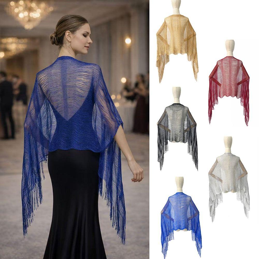 High Quality Hollow Out Tassel Shawl Polyester Shinning Silk Shawl Tassel Comfortable Sunscreen Cover Evening Dress