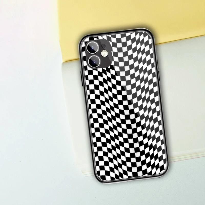 Black White Checkered Phone Case For IPhone 13 12 11 XS X 8 7 6 Plus Mini Pro Max SE 2022 Black PC TPU Glass Phone Cover
