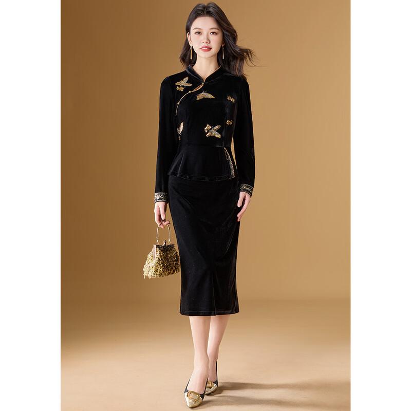 Melanie Gilded Butterfly Modern Chinese Style Embroidered Velvet Dress