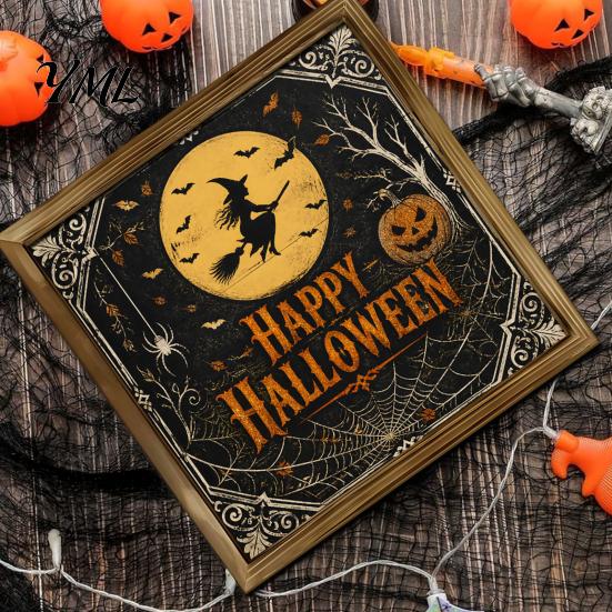 Rustic Pumpkin Castle Shelf Decorations Wooden Halloween Framed Decor Sign, Happy Trick or Treat Printed Picture Frame, Party Witch Owl Wall Tabletop
